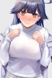 Rule 34 | 1girl, ahoge, black hair, blush, breasts, brown eyes, closed mouth, gradient background, hair ornament, highres, jacket, kantai collection, large breasts, long hair, long sleeves, looking at viewer, miyako (rgrayt), official alternate costume, shirt, skirt, smile, solo, ushio (kancolle), white jacket, white shirt, white skirt