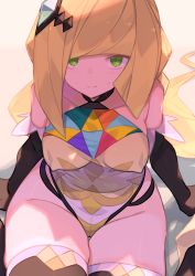 Rule 34 | 1girl, adapted costume, arm support, bare shoulders, black gloves, blonde hair, blunt bangs, blush, breasts, closed mouth, collarbone, commentary request, covered erect nipples, creatures (company), elbow gloves, game freak, gloves, green eyes, hair ornament, highleg, highleg leotard, highres, leotard, long hair, looking at viewer, lusamine (pokemon), lusamine (sygna suit) (pokemon), medium breasts, nintendo, official alternate costume, pokemon, pokemon masters ex, sitting, smile, solo, split mouth, spring2013, sweatdrop, thick thighs, thighhighs, thighs