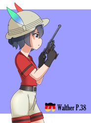 Rule 34 | 10s, 1girl, ammunition pouch, bad id, bad pixiv id, black eyes, black gloves, black hair, bullet, german text, gloves, gun, hair between eyes, handgun, hat, hat feather, helmet, highres, kaban (kemono friends), kemono friends, magazine (weapon), nb (pixiv594732), pistol, pith helmet, pouch, red shirt, shirt, short hair, shorts, simple background, solo, walther, walther p38, wavy hair, weapon