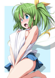 Rule 34 | 1girl, alternate costume, bare arms, bare legs, bare shoulders, barefoot, blue background, blue eyes, blue skirt, blush, breasts, clothes tug, daiyousei, embarrassed, covered erect nipples, fairy wings, green hair, hair between eyes, hair ribbon, highres, large breasts, leg lift, long hair, miniskirt, no bra, nori tamago, nose blush, open mouth, ribbon, shirt, side ponytail, skirt, solo, tank top, touhou, two-tone background, white background, white shirt, wings, yellow ribbon
