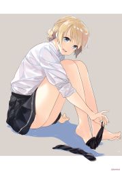 Rule 34 | 10s, 1girl, arm support, bad id, bad pixiv id, barefoot, black skirt, blonde hair, blue eyes, braid, collared shirt, darjeeling (girls und panzer), feet, girls und panzer, grey background, highres, kerorira, legs, looking at viewer, no shoes, open mouth, pleated skirt, shadow, shirt, sitting, skirt, sleeves rolled up, socks, solo, unworn thighhighs, thighs, toes, wet, wet clothes, white shirt