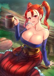 Rule 34 | 1girl, :d, bare shoulders, belt, belt buckle, blush, boots, bread, breasts, brown footwear, buckle, cleavage, collarbone, corset, cup, day, detached sleeves, dragon quest, dragon quest viii, drink, food, frilled skirt, frills, grass, holding mug, huge breasts, jessica albert, loaf of bread, log, long skirt, long sleeves, looking at viewer, mug, on grass, on ground, open mouth, orange hair, outdoors, pouch, red eyes, red skirt, seiza, sitting, skirt, smile, solo, strapless, tree, twintails, twintails day, wariza, yapo (croquis side)