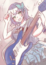 Rule 34 | 1girl, :d, arm up, assault lily, black shirt, blue ribbon, blue skirt, blush, breasts, butterfly hair ornament, clothes writing, cowboy shot, electric guitar, flying sweatdrops, funada kiito, gradient background, green eyes, grey background, guitar, hair ornament, hand on own forehead, hand up, highres, holding, holding guitar, holding instrument, houji tea latte, instrument, long hair, looking at viewer, medium breasts, miniskirt, open mouth, plaid, plaid skirt, pleated skirt, print shirt, purple hair, ribbon, shirt, short sleeves, skirt, smile, solo, standing, sweat, teeth, upper teeth only, white background, wiping forehead, wrist ribbon
