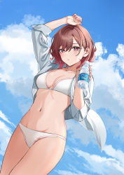 Rule 34 | 1girl, absurdres, bikini, bikini under clothes, blouse, blue sky, blush, breasts, cleavage, cloud, collarbone, duplicate, dutch angle, groin, hair ornament, hairpin, highres, higuchi madoka, idolmaster, idolmaster shiny colors, looking at viewer, midriff, mole, mole under eye, nail polish, navel, nonbire, outdoors, pixel-perfect duplicate, pocari sweat, red eyes, red hair, shirt, sky, solo, swimsuit, symbol-only commentary, white bikini, white shirt