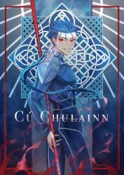 Rule 34 | 1boy, absurdres, artist name, blue bodysuit, blue hair, bodysuit, character name, cu chulainn (fate), earrings, fate/grand order, fate/stay night, fate (series), from side, gae bolg (fate), hair between eyes, highres, holding, holding polearm, holding weapon, ichimichi 111, jewelry, long hair, long sleeves, looking at viewer, male focus, polearm, ponytail, red eyes, smile, solo, spear, spiked hair, weapon
