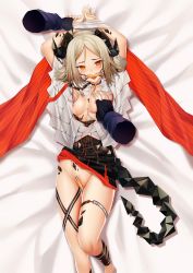 Rule 34 | 1girl, arknights, arms up, bed sheet, black choker, black dress, blonde hair, blush, bound, bound wrists, breasts, cape, choker, clothes lift, clothes pull, convenient censoring, demon girl, demon horns, demon tail, disembodied hand, dress, dress lift, dress pull, fangs, feet out of frame, gag, gagged, grabbing, grabbing another&#039;s breast, groin, highres, horns, ifrit (arknights), jacket, looking at viewer, lying, material growth, nipples, no panties, on back, orange cape, orange eyes, oripathy lesion (arknights), short hair, small breasts, solo focus, tail, thigh strap, variant set, white jacket, xo (xo17800108)