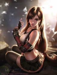 Rule 34 | 1girl, adjusting clothes, adjusting gloves, arm guards, ass, bird, black hair, black skirt, black thighhighs, blurry, blurry background, dove, earrings, elbow gloves, final fantasy, final fantasy vii, final fantasy vii remake, gloves, highres, jewelry, liang xing, light, long hair, looking at viewer, low-tied long hair, miniskirt, parted lips, pleated skirt, sitting, skirt, smile, solo, square enix, suspenders, tank top, thighhighs, tifa lockhart, watermark, web address