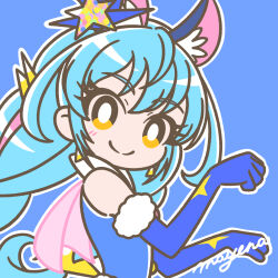 Rule 34 | 1girl, animal ears, blue background, blue gloves, blue hair, blush, braid, bright pupils, capelet, cat ears, choker, clenched hands, cure cosmo, earrings, elbow gloves, fur trim, gloves, hair ornament, highres, jewelry, long hair, looking at viewer, magical girl, mayena, multicolored hair, outline, paw pose, pink capelet, pink hair, precure, signature, simple background, smile, solo, star twinkle precure, twin braids, upper body, white outline, white pupils, yellow eyes, yuni (precure)