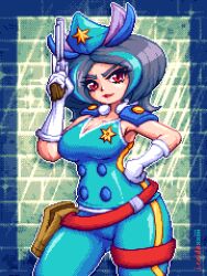 Rule 34 | 1girl, aqua hair, black hair, breasts, brick wall, cleavage, cowboy shot, drill dozer, gloves, gun, hand on own hip, highres, holding, holding gun, holding weapon, j.raido, large breasts, looking at viewer, multicolored hair, officer carrie, parted lips, pixel art, police, police uniform, policewoman, red eyes, sleeveless, smile, solo, streaked hair, uniform, weapon, white gloves