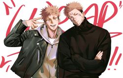 Rule 34 | !, !!, 2boys, black jacket, black sweater, closed mouth, crossed arms, eulbhitomi, facial mark, grey shirt, highres, itadori yuuji, jacket, jujutsu kaisen, looking at viewer, male focus, multiple boys, open mouth, pink hair, ryoumen sukuna (jujutsu kaisen), shirt, short hair, simple background, smile, sweater, upper body, v, white background