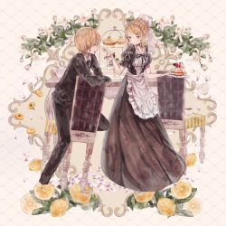 Rule 34 | 1boy, 1girl, absurdres, apron, arm rest, black dress, black jacket, black necktie, black pants, black ribbon, black suit, blonde hair, braid, brown eyes, cake, cake slice, center frills, chair, closed mouth, collared shirt, comitia, cookie, cream, cropped legs, cup, dessert, dress, drink, feeding, feet on chair, flower, food, formal, frilled apron, frilled sleeves, frills, from side, fruit, garland (decoration), grimm&#039;s fairy tales, hair ornament, hairpin, hat, heart, highres, holding, holding food, holding plate, holding spoon, jacket, leaf, lemon, long dress, long sleeves, looking at another, maid apron, mob cap, multiple views, necktie, on chair, open mouth, original, pants, petals, pie, plate, puffy short sleeves, puffy sleeves, ribbon, saucer, shirt, short hair, short sleeves, single braid, smile, spoon, strawberry, suit, supika, table, teacup, tiered tray, tongue, tongue out, white apron, white background, white flower, white ribbon, white shirt, x hair ornament