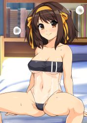 Rule 34 | 1girl, arm support, bare shoulders, bed sheet, blurry, blush, book, bookshelf, bow, breasts, brown eyes, brown hair, cleavage, closed mouth, collarbone, commentary request, covered erect nipples, depth of field, feet out of frame, gris swimsuit, hair bow, hair ornament, hairband, haruhisky, highres, looking at viewer, medium breasts, medium hair, meme attire, navel, on bed, one-piece swimsuit, orange bow, orange hairband, see-through swimsuit, sidelocks, sitting, smile, solo, spread legs, steam, suzumiya haruhi, suzumiya haruhi no yuuutsu, sweat, swept bangs, swimsuit