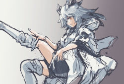 Rule 34 | 1girl, arknights, boots, coat, feet out of frame, from side, grey background, grey hair, hair wings, hood, looking at viewer, milleyoshio, orange eyes, ptilopsis (arknights), ptilopsis (elite ii) (arknights), shorts, simple background, sketch, smile, solo, thigh boots, thighhighs, triangle mouth, white thighhighs