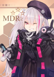 Rule 34 | 1girl, aaoshigatoutoi, absurdres, beret, black jacket, cellphone, flip phone, girls&#039; frontline, gloves, grin, hat, highres, index finger raised, jacket, long hair, looking at viewer, mdr (girls&#039; frontline), multicolored hair, one eye closed, one side up, phone, pink eyes, pink hair, smile, solo, streaked hair, upper body, white hair