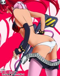 Rule 34 | 00s, 1girl, anti-materiel rifle, ass, belt, bikini, bikini top only, butt crack, clothes pull, dr rex, fingerless gloves, gloves, gun, panties, pantyshot, red hair, rifle, shorts, shorts pull, sniper rifle, solo, studded belt, studded bracelet, swimsuit, tengen toppa gurren lagann, thighhighs, translation request, underwear, weapon, white panties, yoko littner