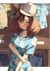 Rule 34 | 1girl, absurdres, alternate costume, animal ears, blush, breasts, brown hair, brown hat, buttons, closed mouth, clothes, clothes hanger, collarbone, ear covers, fedora, hat, hawaiian shirt, highres, holding own arm, horse ears, isana615, long hair, looking at viewer, multicolored hair, nice nature (umamusume), shirt, short sleeves, small breasts, solo, streaked hair, twintails, umamusume, upper body