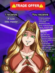 Rule 34 | 1girl, breasts, cleavage, english text, evil smile, fate/grand order, fate (series), highres, looking at viewer, meme, nail polish, quetzalcoatl (fate), smile, smug, trade offer (meme), zantyarz