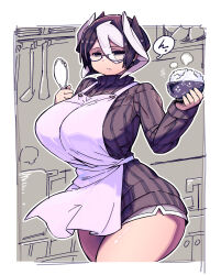 Rule 34 | 1girl, absurdres, apron, bare legs, bare tree, black cape, bowl, breasts, cape, food, glasses, highres, large breasts, made in abyss, medium hair, mikiji, ozen, rice, solo, tree, white apron, wide hips
