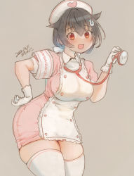 Rule 34 | 1girl, alternate costume, apron, armband, black hair, blush, breasts, cross, dated, dress, gloves, grey background, hair between eyes, hair flaps, hair ornament, hairclip, hat, highres, jingei (kancolle), kantai collection, kirisawa juuzou, large breasts, long hair, low ponytail, neckerchief, nurse, nurse cap, pink dress, pink hat, red eyes, short sleeves, signature, simple background, solo, stethoscope, thighhighs, white apron, white gloves, white thighhighs