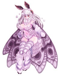 Rule 34 | 1girl, animal hands, antennae, arthropod girl, blush, breasts, bridal gauntlets, bug, cleavage, fluffy, full body, heart, insect, insect girl, insect wings, kenkou cross, large breasts, looking at viewer, midriff, monster, monster girl, monster girl encyclopedia, monster girl encyclopedia ii, moth, moth girl, mothman (monster girl encyclopedia), navel, official art, red eyes, simple background, solo, thighhighs, white background, white hair, wings