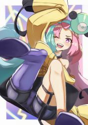 Rule 34 | 1girl, absurdres, bow-shaped hair, character hair ornament, creatures (company), game freak, garabato choi, grey pantyhose, hair ornament, hexagon print, highres, iono (pokemon), jacket, long hair, low-tied long hair, multicolored hair, nintendo, oversized clothes, pantyhose, pokemon, pokemon sv, sharp teeth, single leg pantyhose, skindentation, sleeves past fingers, sleeves past wrists, solo, split-color hair, teeth, very long sleeves, x, yellow jacket