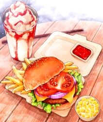 Rule 34 | bread bun, burger, commentary request, container, corn, day, drinking straw, food, food focus, french fries, ice cream, ketchup, lettuce, no humans, onion, ooranokohaku, original, outdoors, sesame seeds, table, tomato, wooden table
