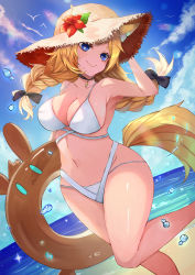 Rule 34 | 1girl, :&gt;, :&lt;, absurdres, amiya (arknights), animal ears, arknights, bikini, black bow, black choker, blue eyes, blue sky, bow, braid, breasts, brown hat, bubble, choker, cleavage, dutch angle, ears through headwear, flower, hair bow, hand on headwear, haru torimaru, hat, hat flower, head tilt, highres, horse ears, horse girl, horse tail, innertube, innertube with ears, large breasts, leg up, navel, objectification, outdoors, red flower, sky, solo, standing, standing on one leg, stomach, straw hat, sun hat, swim ring, swimsuit, tail, thick eyebrows, thighs, twin braids, whislash (arknights)