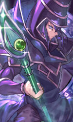 Rule 34 | 1boy, blue eyes, dark magician, duel monster, hair between eyes, hat, highres, holding, holding staff, looking at viewer, male focus, muscular, muscular male, purple hair, purple hat, serious, solo, staff, tomaton (t 0), wizard hat, yu-gi-oh!, yu-gi-oh! duel monsters