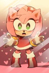 Rule 34 | 1girl, against fourth wall, against glass, amy rose, animal ears, animal nose, boots, chibi, dress, furry, furry female, gloves, gold bracelet, green eyes, hairband, hanybe, heart, hedgehog, hedgehog ears, hedgehog girl, hedgehog tail, looking at viewer, open mouth, pink fur, red dress, red footwear, red hairband, shadow, solo, sonic (series), tail, white gloves