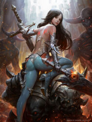 Rule 34 | 1girl, ankle boots, armor, ass, back, bare shoulders, black hair, boots, commentary, demon, dual wielding, english commentary, foot out of frame, gauntlets, high heel boots, high heels, highres, holding, huge weapon, kilart, lips, long hair, looking back, nose, orange eyes, original, pants, planted, planted sword, planted weapon, revision, skin tight, solo focus, sword, tattoo, weapon