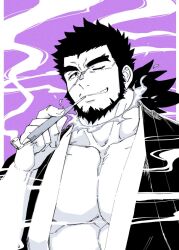 Rule 34 | 1boy, bara, black hair, draw two, facial scar, fire, greyscale with colored background, holding, holding smoking pipe, japanese clothes, kimono, male focus, muscular, muscular male, one eye closed, pectorals, ponytail, sandayu (housamo), scar, scar on cheek, scar on face, smoke, smoking pipe, solo, tokyo houkago summoners, yukata