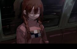 Rule 34 | 1girl, braid, brown hair, closed eyes, closed mouth, facing viewer, hair between eyes, hair over shoulder, highres, iovebly, long hair, long sleeves, madotsuki, pink sweater, reflection, solo, sweater, train interior, turtleneck, twin braids, upper body, window, yume nikki