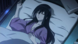 Rule 34 | amakusa shino, bed, closed eyes, futon, japanese clothes, kimono, long hair, pajamas, pillow, purple hair, seitokai yakuindomo, sleeping