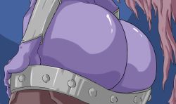 Rule 34 | 1girl, armlet, ass, ass focus, blue background, close-up, clothes pull, colored skin, huge ass, league of legends, morgana (league of legends), purple skin, scarmiglione (artist), shiny skin, skirt, skirt pull, solo, wings