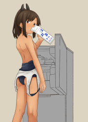 Rule 34 | 1girl, ass, blue one-piece swimsuit, brown background, brown eyes, brown hair, chagamaka, clothes pull, drinking, feet out of frame, from behind, highres, i-401 (kancolle), kantai collection, looking at viewer, looking back, medium hair, milk carton, one-piece swimsuit, one-piece swimsuit pull, refrigerator, school swimsuit, sidelocks, solo, standing, swimsuit, tan, topless