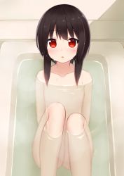 Rule 34 | 1girl, bathing, bathtub, breasts, brown hair, commentary request, completely nude, highres, kanekan, knees up, kono subarashii sekai ni shukufuku wo!, looking at viewer, megumin, nude, open mouth, partially submerged, red eyes, short hair with long locks, small breasts, solo, steam, wet, wet hair