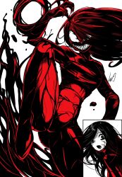 1girl absurdres black_eyes black_hair blood breasts carnage_(marvel) carnage_(marvel)_(cosplay) claws cosplay creepy_eyes ghost ghost_girl hair_between_eyes hair_over_one_eye highres large_breasts long_hair looking_at_viewer lughost marvel messy_hair open_mouth pale_skin saeki_kayako sharp_teeth simple_background solo spider-man_(series) symbiote teeth the_grudge very_long_hair webbing