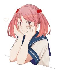 Rule 34 | 1girl, :3, blue neckwear, blue sailor collar, hair bobbles, hair ornament, hands on own face, heart, kantai collection, looking at viewer, pink eyes, pink hair, sailor collar, sazanami (kancolle), school uniform, serafuku, short hair, simple background, smile, solo, tanaka io (craftstudio), twintails, upper body, white background