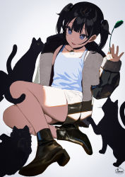 Rule 34 | 1girl, :d, animal, ankle boots, bare legs, black cat, black choker, black hair, black jacket, black shorts, blue eyes, boots, camisole, cat, cat teaser, choker, fur-trimmed jacket, fur trim, high heel boots, high heels, highres, holding, jacket, jewelry, light, long sleeves, open clothes, open jacket, open mouth, original, pendant, short twintails, shorts, signature, simple background, sitting, smile, solo, tsukana (saba mizore), twintails, white background