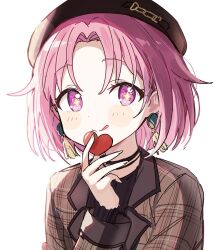Rule 34 | + +, 1girl, black choker, choker, commentary request, earrings, hat, heart, highres, holding, holding heart, jewelry, lapels, long sleeves, ootori emu, pink eyes, pink hair, pjmiyo, project sekai, short hair, solo, tongue, tongue out, white background, zozotown