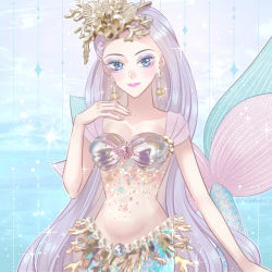 Rule 34 | 1girl, barbie (character), barbie (franchise), blue background, blue eyes, breasts, coral belt, coral hair ornament, cowboy shot, doll, earrings, eyeshadow, fins, gem, glitter, gold coral, gold earrings, highres, jewelry, makeup, mermaid, monster girl, okitafuji, pearl (gemstone), pink lips, portrait, purple hair, scales, shell, shell bikini, shell earrings, shell hair ornament, silver hair, solo, sparkle, tail