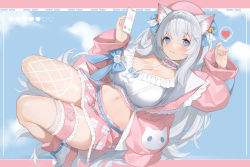Rule 34 | 1girl, absurdres, animal ear fluff, animal ears, ankle boots, bell, blue bow, blue eyes, blue sky, blunt bangs, blush, boots, bow, breasts, bridal garter, cat ears, cellphone, chucolala, cleavage, closed mouth, collarbone, criss-cross halter, crop top, crossed bangs, fishnet thighhighs, fishnets, frilled jacket, frilled shirt, frilled skirt, frills, full body, halterneck, hat, hat bow, heart, highres, holding, holding phone, jacket, jingle bell, large breasts, long hair, long sleeves, looking at viewer, miniskirt, navel, neck garter, open clothes, open jacket, phone, pink hat, pink jacket, pink skirt, shirayuki aria, shirt, silver hair, single thighhigh, skirt, sky, smartphone, smile, solo, speech bubble, spoken heart, thighhighs, virtual youtuber, white footwear, white shirt, white thighhighs, yykuaixian