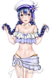Rule 34 | 1girl, :p, absurdres, alternate hairstyle, arm garter, artist name, artist request, bare legs, bare shoulders, beret, bikini, bikini skirt, blue bikini, blue hair, blue ribbon, blush, bracelet, braid, breasts, cleavage, collarbone, earrings, female focus, flower, frilled bikini, frills, gem, hair between eyes, hair ornament, hair tie, hairclip, hat, hat ribbon, highres, holding, holding own hair, jewelry, long hair, looking at viewer, love live!, love live! school idol festival, love live! school idol festival all stars, love live! school idol project, medium breasts, miracle voyage (love live!), necklace, parted lips, pearl (gemstone), pearl hair ornament, pearl necklace, plaid, plaid bikini, pleated, ribbon, side-tie bikini bottom, smile, solo, sonoda umi, star (symbol), star earrings, star hair ornament, swimsuit, tongue, tongue out, twin braids, white background, white bikini, white hat, yellow eyes