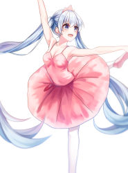 Rule 34 | 1girl, :d, absurdres, arm up, armpits, blue eyes, blush, breasts, cleavage, collarbone, dancing, diadem, dress, floating hair, hatsune miku, highres, ille (xcpa7325), long hair, open mouth, outstretched arms, pantyhose, pink dress, pink footwear, silver hair, simple background, sleeveless, sleeveless dress, small breasts, smile, solo, spaghetti strap, standing, standing on one leg, twintails, very long hair, vocaloid, white background, white pantyhose