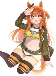 Rule 34 | 1girl, absurdres, animal ears, arm support, belt, bomber jacket, bow, breasts, brown ribbon, brown thighhighs, closed mouth, commentary, crop top, dog tags, ear ribbon, green belt, green jacket, hair between eyes, hand up, highres, horse ears, horse girl, jacket, kaoru (h8qm9), long hair, long sleeves, looking at viewer, mayano top gun (umamusume), midriff, navel, open clothes, open jacket, orange eyes, orange hair, ribbon, shadow, shirt, shoes, short shorts, shorts, sidelocks, sitting, small breasts, smile, sneakers, solo, thighhighs, two side up, umamusume, white background, white shorts, yellow shirt, yokozuwari