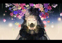 Rule 34 | 1girl, black dress, black gloves, blurry, closed eyes, collar, collarbone, commentary, dress, facing viewer, flower, gloves, glowing, grey hair, hair between eyes, hair flower, hair ornament, hands up, highres, hihara you, interlocked fingers, lace, lace trim, letterboxed, long sleeves, medium hair, original, own hands clasped, own hands together, petals, praying, puffy sleeves, sidelocks, sleeve cuffs, solo, tears, upper body, veil