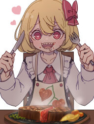 Rule 34 | 1girl, absurdres, ascot, black vest, blonde hair, collarbone, collared shirt, commentary, drooling, food, fork, frilled shirt collar, frills, hair between eyes, hair ribbon, heart, highres, holding, holding fork, holding knife, kame (kamepan44231), knife, long sleeves, meat, one-hour drawing challenge, open mouth, red ascot, red eyes, red ribbon, ribbon, rumia, sharp teeth, shirt, short hair, simple background, sitting, smile, solo, steak, teeth, touhou, upper body, vest, white background, white shirt