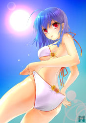 Rule 34 | 1girl, :p, adjusting clothes, adjusting swimsuit, ahoge, ass, bikini, blue hair, breasts, from below, lens flare, nuna (c-a-d), original, red eyes, sideboob, solo, sun, swimsuit, tongue, tongue out, white bikini