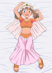 Rule 34 | 1girl, absurdres, arabian clothes, bed sheet, blue eyes, blush, breasts, brown hair, choker, clenched hands, collarbone, commentary request, covered erect nipples, creatures (company), eyelashes, from above, full body, game freak, highres, knees together feet apart, looking at viewer, lying, may (pokemon), medium hair, midriff, miraa (chikurin), navel, nervous smile, nintendo, on back, open mouth, orange shirt, pink skirt, pokemon, pokemon (anime), pokemon dppt (anime), sandals, shirt, short sleeves, skirt, smile, solo, sweat, toes, tongue