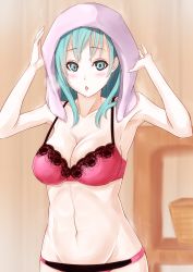 Rule 34 | 10s, 1girl, :o, absurdres, aqua eyes, aqua hair, armpits, arms up, bare shoulders, blush, bra, breasts, breath, cleavage, daiyounito, groin, highres, kantai collection, lace, lace bra, long hair, looking at viewer, navel, panties, parted lips, pink bra, pink panties, solo, suzuya (kancolle), towel, towel on head, underwear